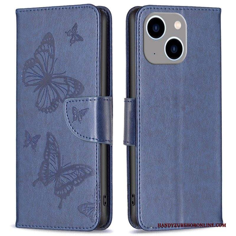 Custodia A Portafoglio iPhone 14 Plus Farfalle Stampate Strappy