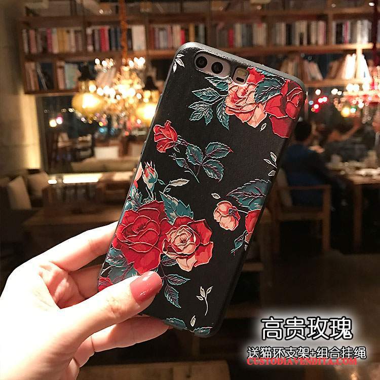 Custodia Huawei P10 Goffratura Supporto Piccola, Cover Huawei P10 Fiori Nero Macchiati
