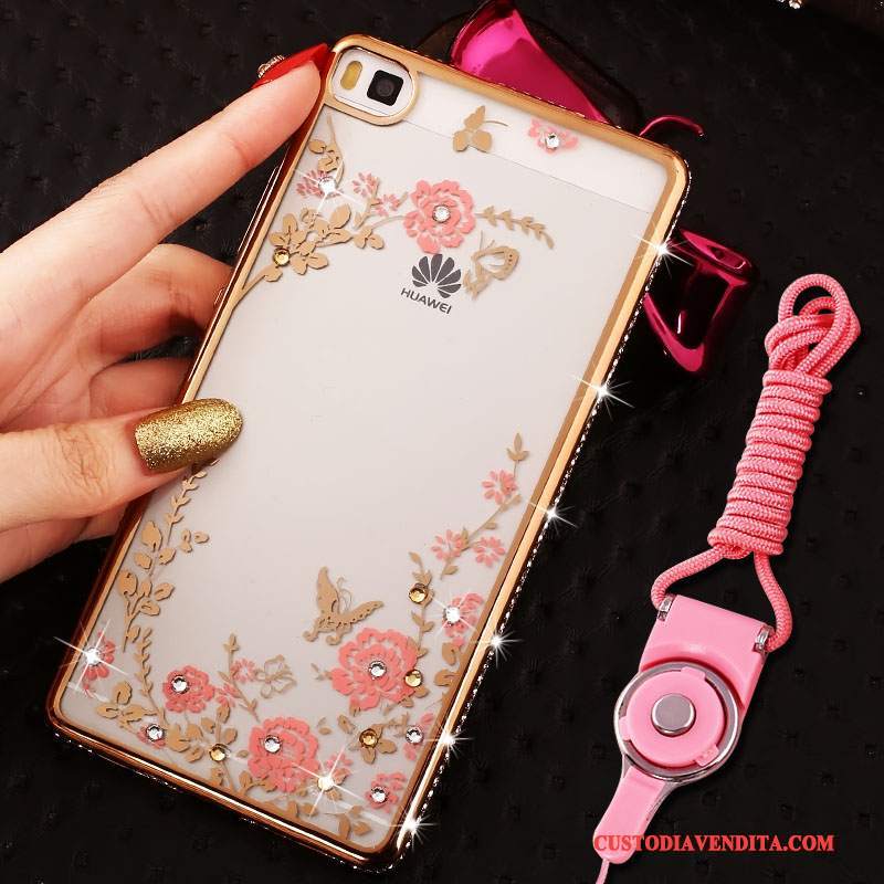 Custodia Huawei P8 Lite Strass Morbido Rosa, Cover Huawei P8 Lite Silicone Telefono Telaio
