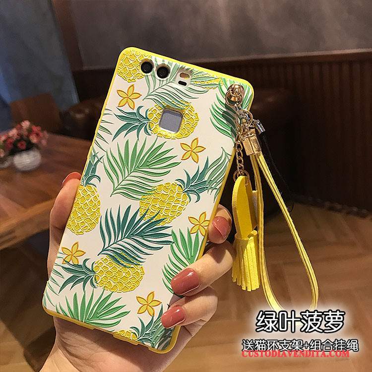 Custodia Huawei P9 Plus Goffratura Telefono Morbido, Cover Huawei P9 Plus Ornamenti Appesi Giallo