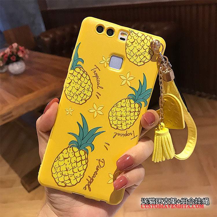 Custodia Huawei P9 Plus Goffratura Telefono Morbido, Cover Huawei P9 Plus Ornamenti Appesi Giallo