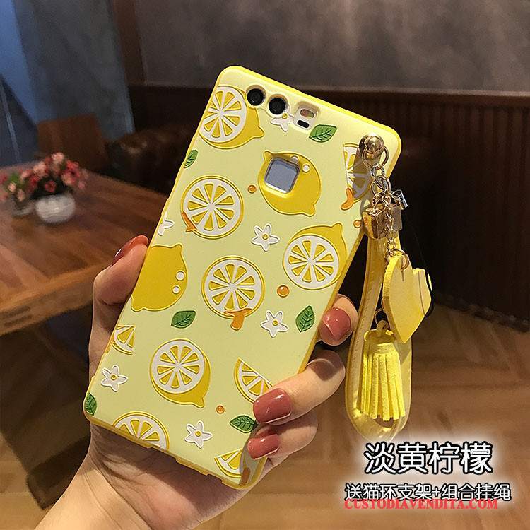 Custodia Huawei P9 Plus Goffratura Telefono Morbido, Cover Huawei P9 Plus Ornamenti Appesi Giallo