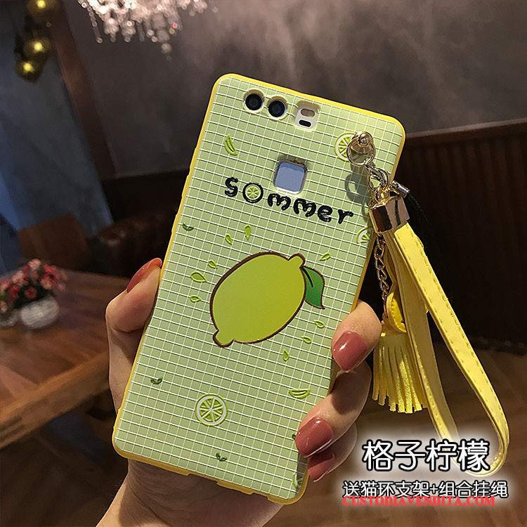 Custodia Huawei P9 Plus Goffratura Telefono Morbido, Cover Huawei P9 Plus Ornamenti Appesi Giallo