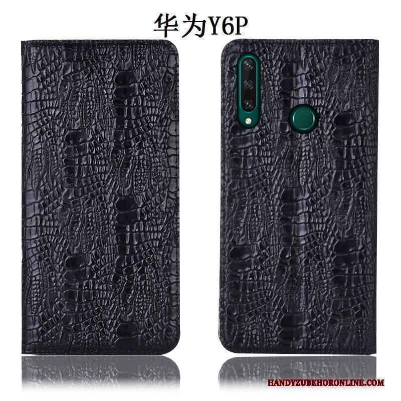 Custodia Huawei Y6p Folio Telefono Modello, Cover Huawei Y6p Pelle Nero Modello Coccodrillo