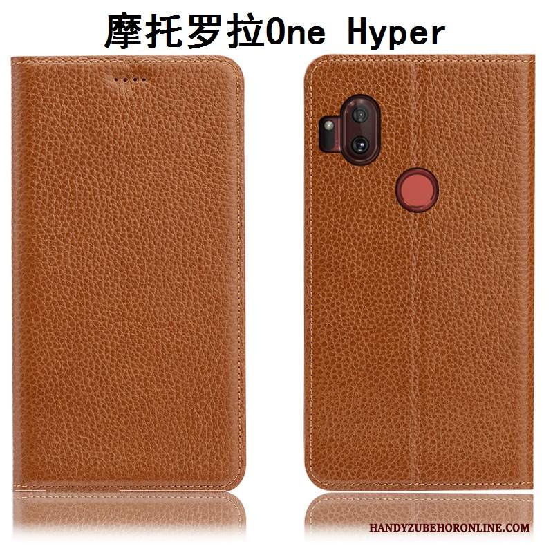 Custodia Motorola One Hyper Protezione Modello Litchi, Cover Motorola One Hyper Pelle Anti-caduta Giallo