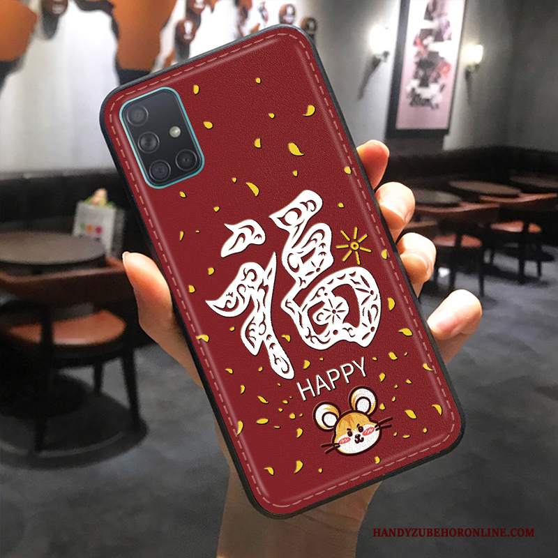 Custodia Samsung Galaxy A51 Goffratura Rosso Anti-caduta, Cover Samsung Galaxy A51 Pelle Modello Ricchezza