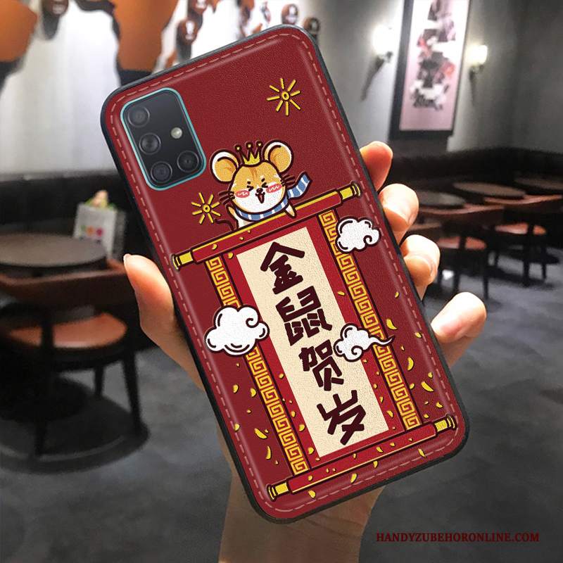 Custodia Samsung Galaxy A51 Goffratura Rosso Anti-caduta, Cover Samsung Galaxy A51 Pelle Modello Ricchezza