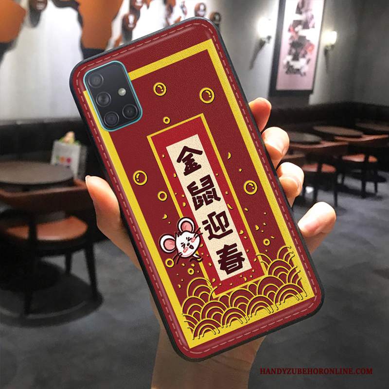 Custodia Samsung Galaxy A51 Goffratura Rosso Anti-caduta, Cover Samsung Galaxy A51 Pelle Modello Ricchezza