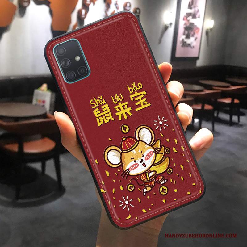 Custodia Samsung Galaxy A51 Goffratura Rosso Anti-caduta, Cover Samsung Galaxy A51 Pelle Modello Ricchezza