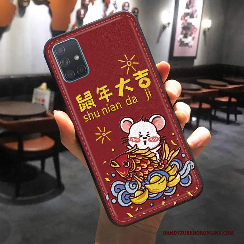 Custodia Samsung Galaxy A51 Goffratura Rosso Anti-caduta, Cover Samsung Galaxy A51 Pelle Modello Ricchezza