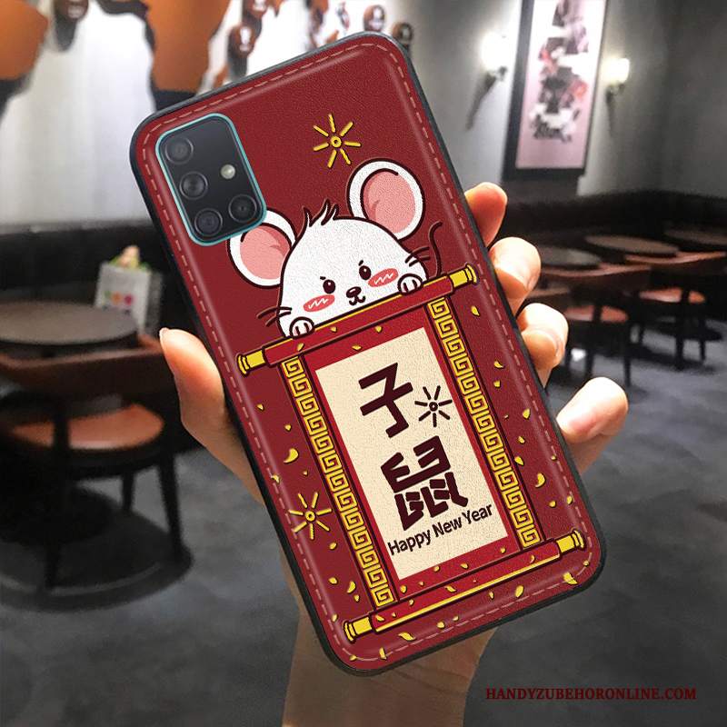 Custodia Samsung Galaxy A51 Goffratura Rosso Anti-caduta, Cover Samsung Galaxy A51 Pelle Modello Ricchezza