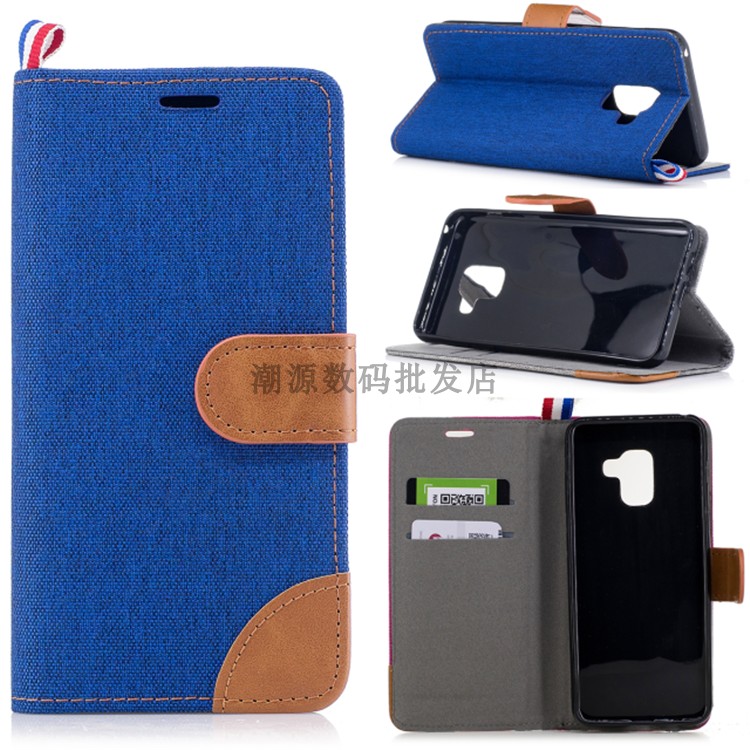 Custodia Samsung Galaxy A8 2018 Pelle Telefono Carta, Cover Samsung Galaxy A8 2018 Folio Denim Anti-caduta