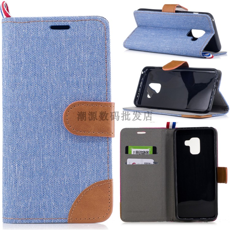 Custodia Samsung Galaxy A8 2018 Pelle Telefono Carta, Cover Samsung Galaxy A8 2018 Folio Denim Anti-caduta