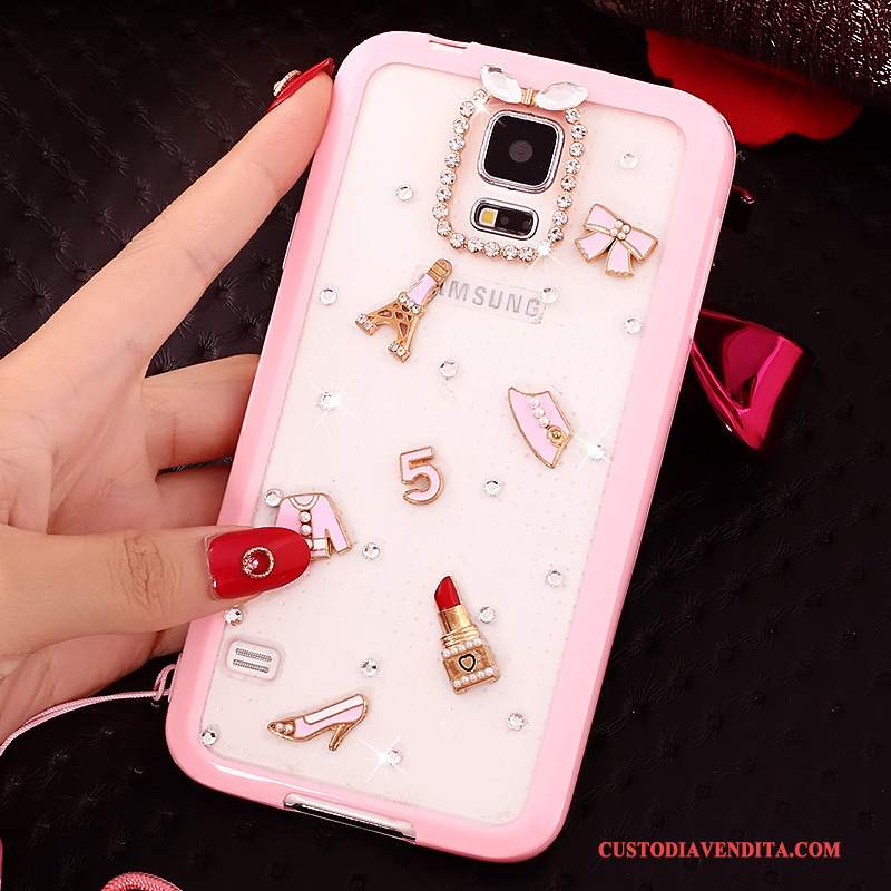 Custodia Samsung Galaxy S5 Strass Ornamenti Appesitelefono, Cover Samsung Galaxy S5 Cartone Animato Anti-caduta Rosa