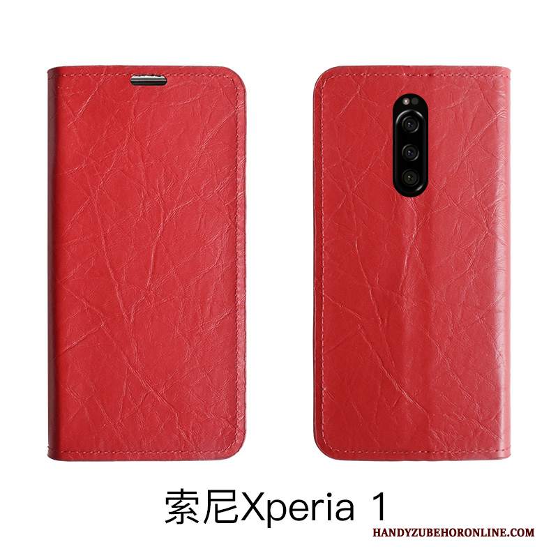 Custodia Sony Xperia 1 Protezione Rosso Semplici, Cover Sony Xperia 1 Folio Telefono Anti-caduta