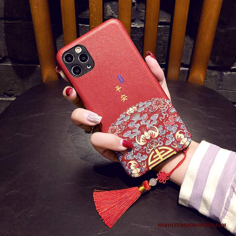 Custodia iPhone 11 Pro Max Goffratura Stile Cinese Anti-caduta, Cover iPhone 11 Pro Max Telefono Rosso