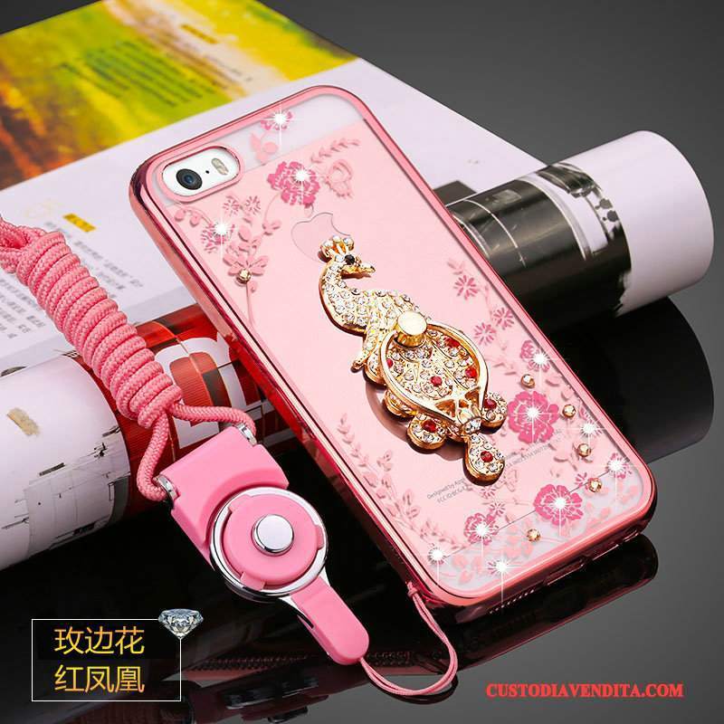 Custodia iPhone 5/5s Protezione Ornamenti Appesi Anti-caduta, Cover iPhone 5/5s Strass Oro Trasparente