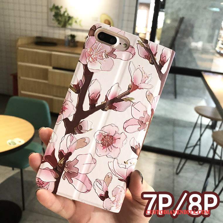 Custodia iPhone 8 Plus Goffratura Rosatelefono, Cover iPhone 8 Plus Folio