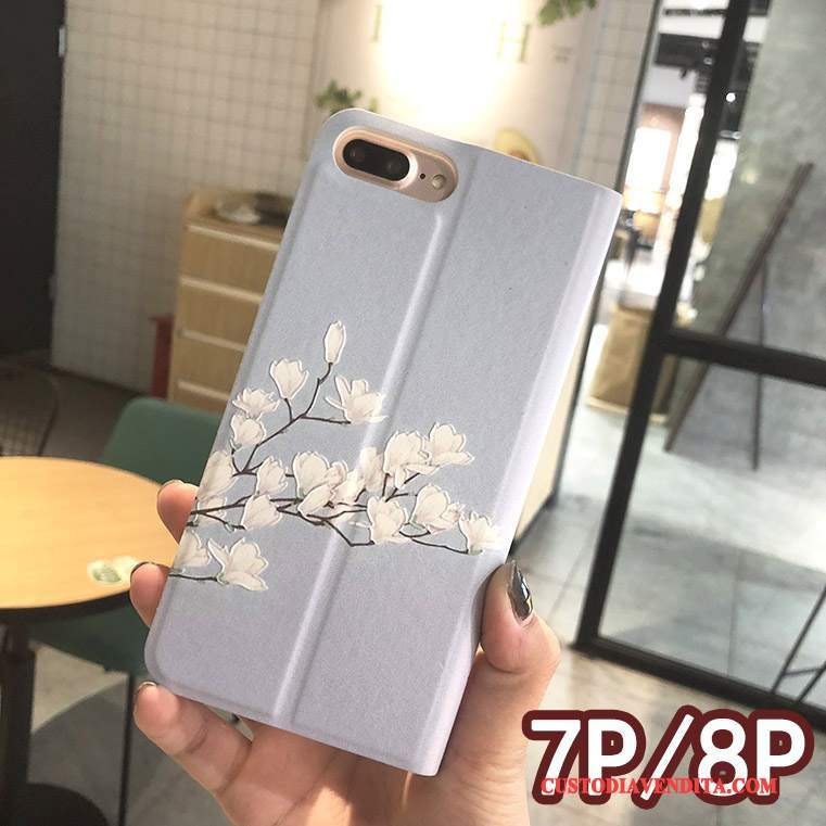 Custodia iPhone 8 Plus Goffratura Rosatelefono, Cover iPhone 8 Plus Folio