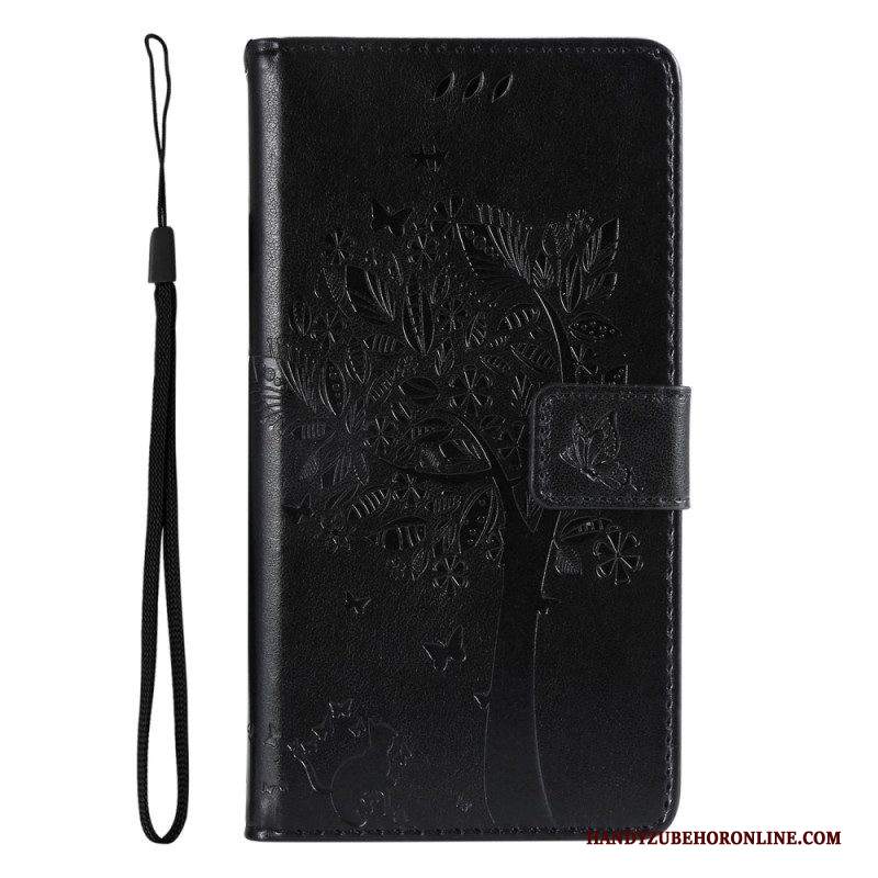 Custodia in pelle Samsung Galaxy A14 / A14 5G Albero E Gatto Strappy