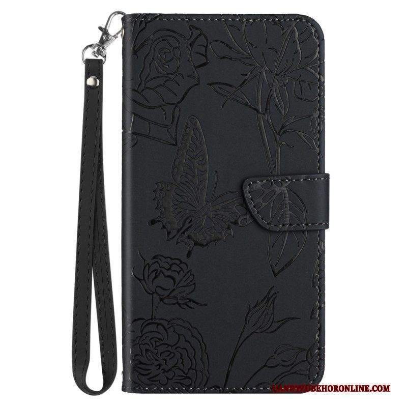 Custodia in pelle Sony Xperia 5 IV Farfalle Con Cordino