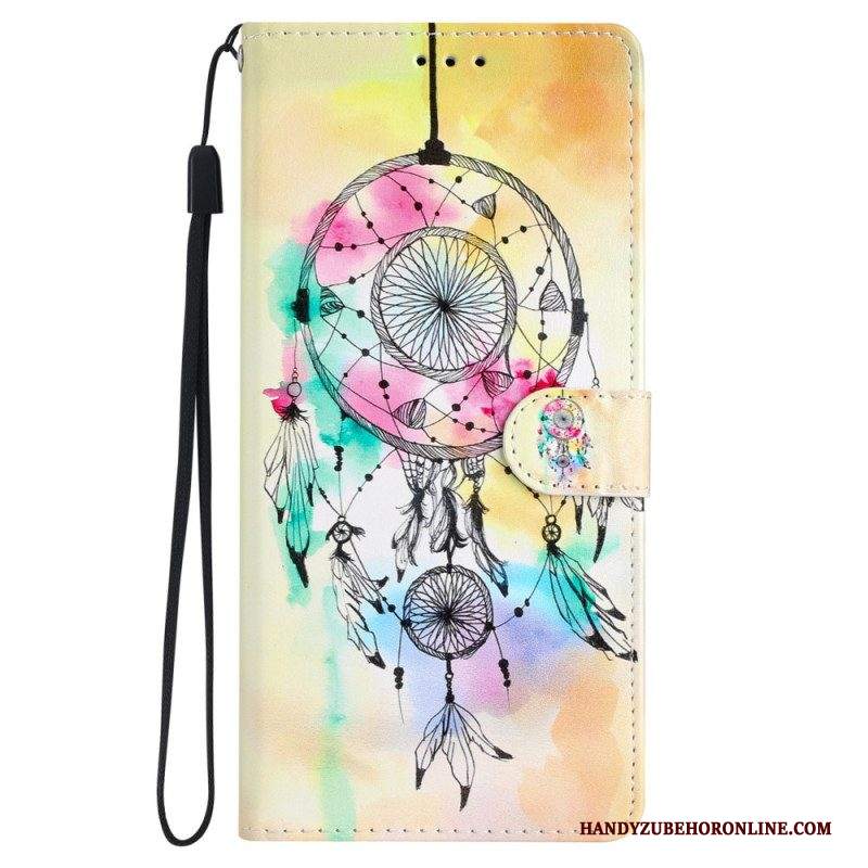 Custodia in pelle iPhone 15 Plus Acchiappasogni Acquerello Con Tracolla