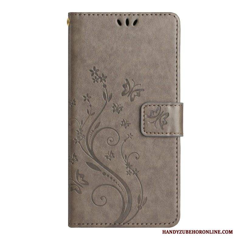 Folio Cover Samsung Galaxy A54 5G Fiori E Farfalle Con Cinturino