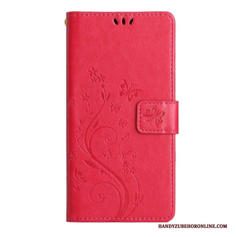 Folio Cover Samsung Galaxy A54 5G Fiori E Farfalle Con Cinturino