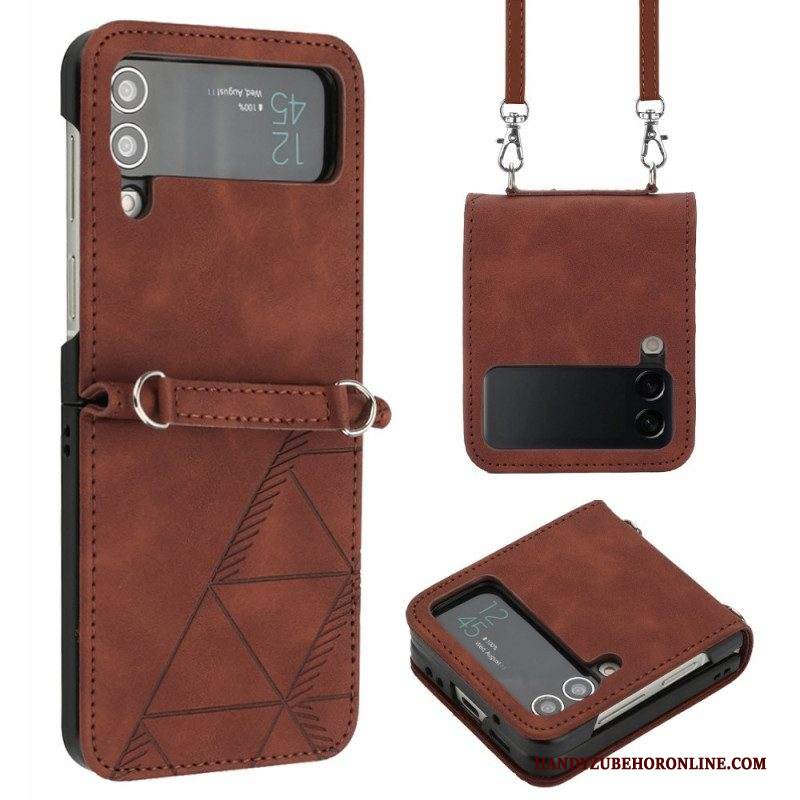 Folio Cover Samsung Galaxy Z Flip 4 Custodia in pelle Triangoli Con Tracolla