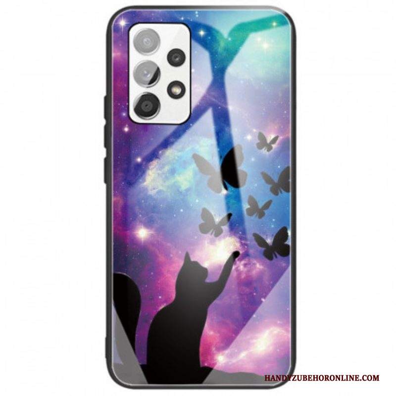 Cover Samsung Galaxy A53 5G Gatto In Vetro Temperato E Farfalle Nello Spazio