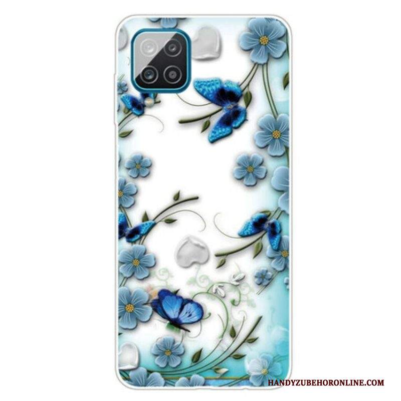 Cover Samsung Galaxy M12 / A12 Farfalle E Fiori Retrò Senza Soluzione Di Continuità