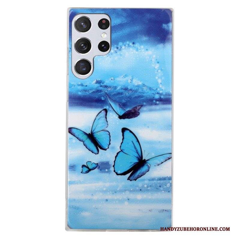 Cover Samsung Galaxy S22 Ultra 5G Farfalle Blu Fluorescenti