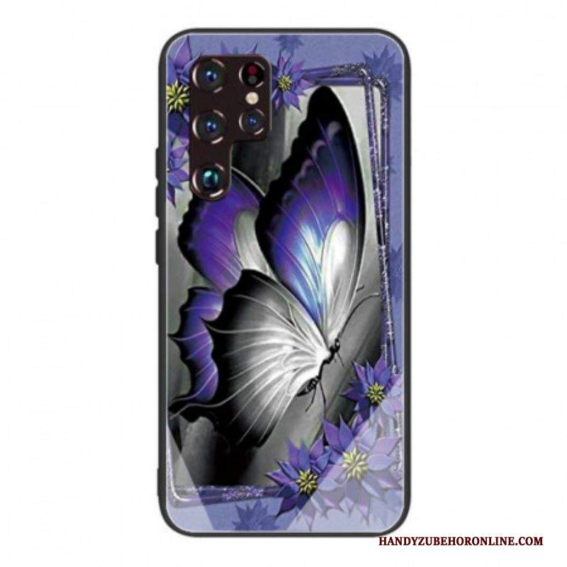Cover Samsung Galaxy S22 Ultra 5G Vetro Temperato Farfalla Viola
