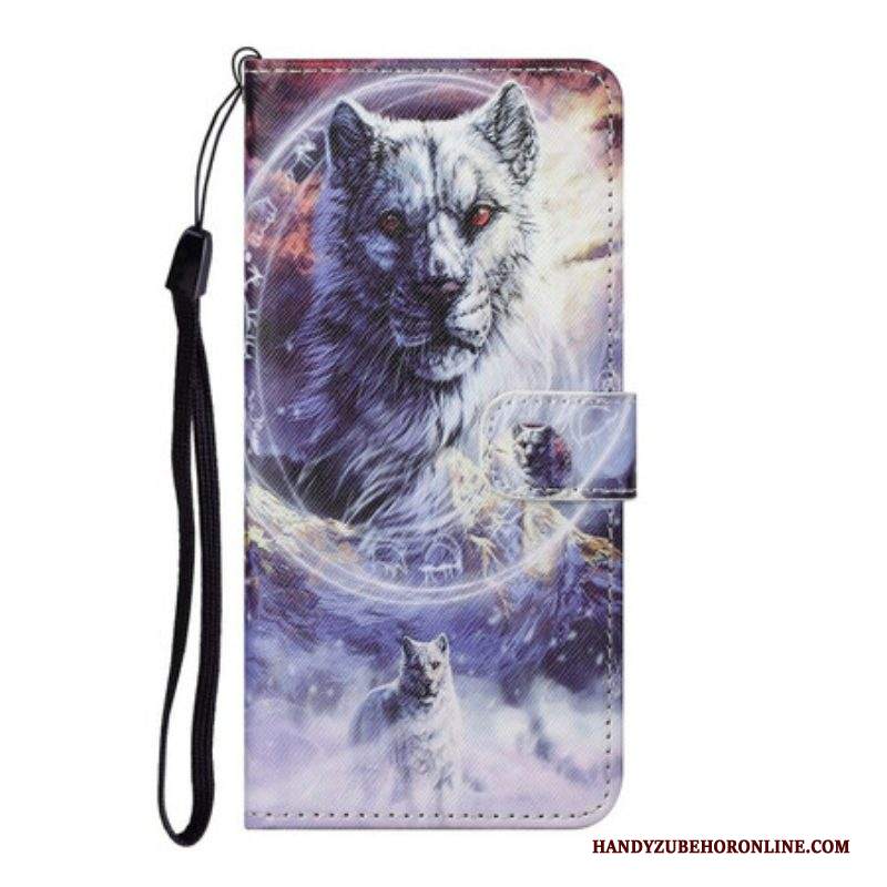 Custodia A Portafoglio Samsung Galaxy S21 FE Lupo In Inverno Con Cordino