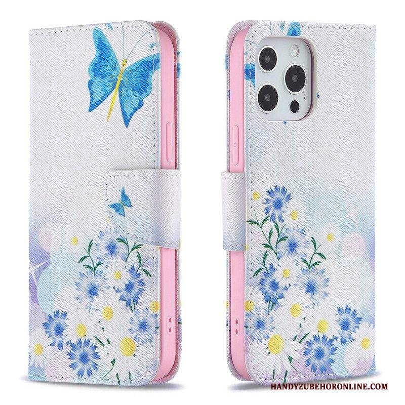 Custodia A Portafoglio iPhone 13 Pro Max Farfalle E Fiori Dipinti