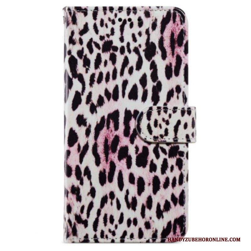 Custodia A Portafoglio iPhone 15 Design In Pelle Di Leopardo Con Cinturino