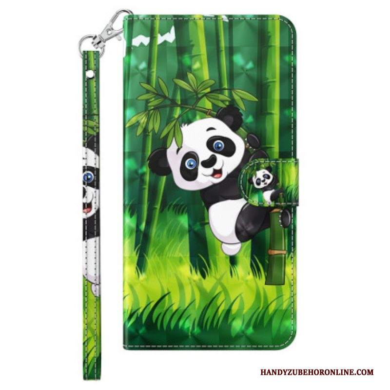 Custodia A Portafoglio iPhone 15 Pro Max Panda In Bambù 3d Con Cinturino