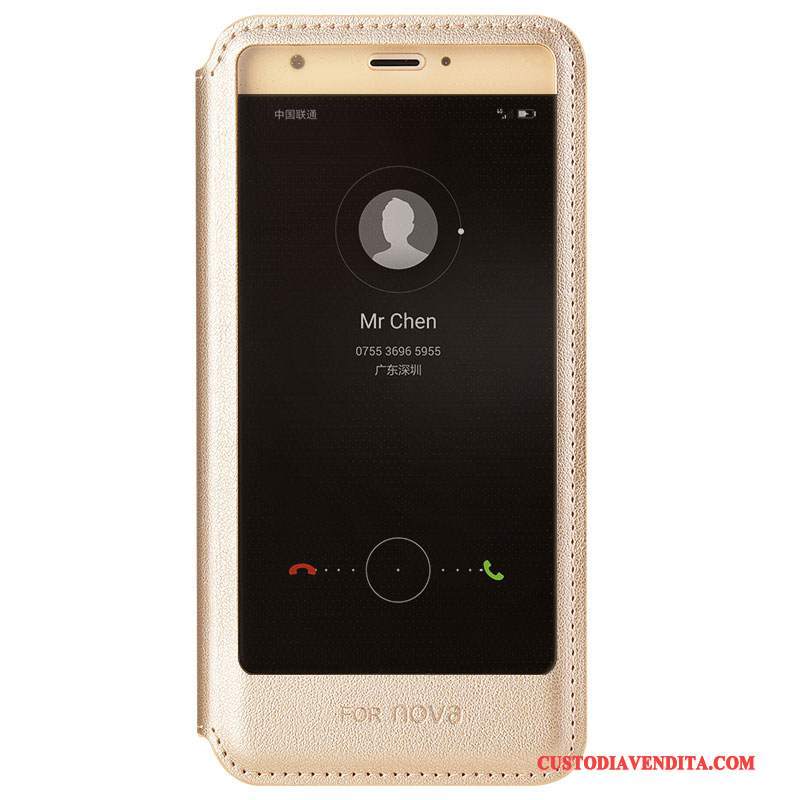 Custodia Huawei Nova Folio Oro Anti-caduta, Cover Huawei Nova Pelle Telefono