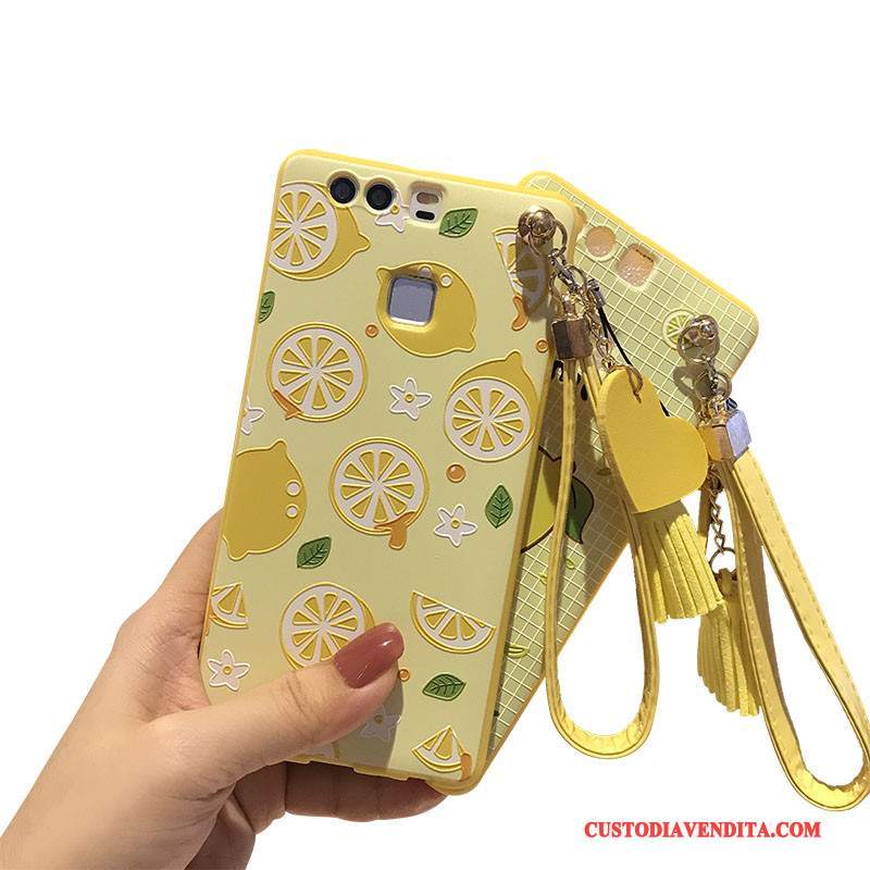 Custodia Huawei P9 Plus Goffratura Telefono Morbido, Cover Huawei P9 Plus Ornamenti Appesi Giallo
