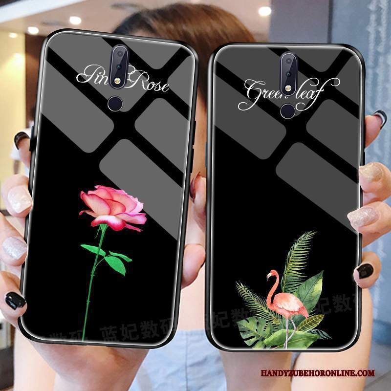 Custodia Nokia 7.1 Nero Fiori, Cover Nokia 7.1 Rosa Luminoso