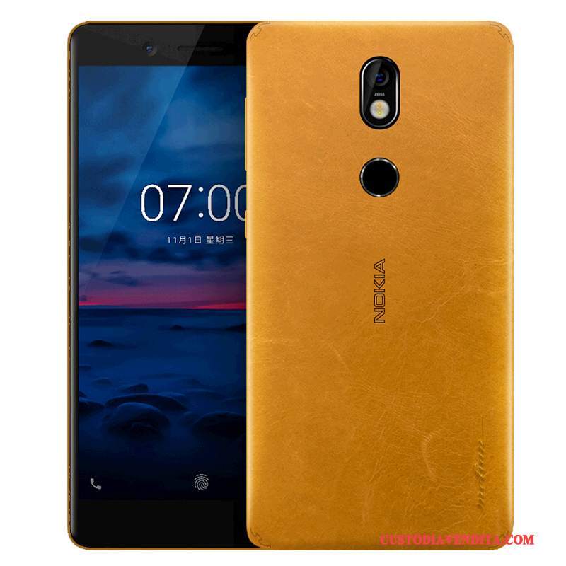 Custodia Nokia 7 Pelle Lusso Sottile, Cover Nokia 7 Protezione Arancione Tutto Incluso