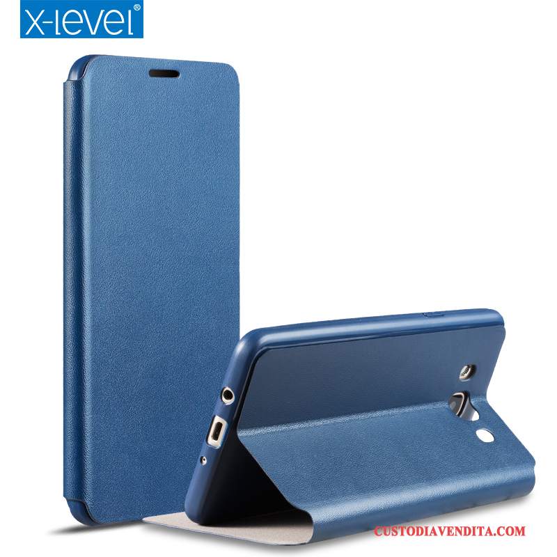 Custodia Samsung Galaxy J7 2016 Pelle Anti-caduta Blu Scuro, Cover Samsung Galaxy J7 2016 Folio Sottiletelefono