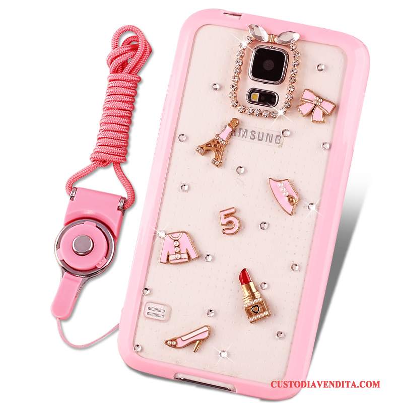 Custodia Samsung Galaxy S5 Strass Ornamenti Appesitelefono, Cover Samsung Galaxy S5 Cartone Animato Anti-caduta Rosa