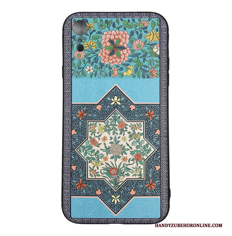 Custodia iPhone Xr Vintage Morbido Di Personalità, Cover iPhone Xr Silicone Blu Stile Cinese