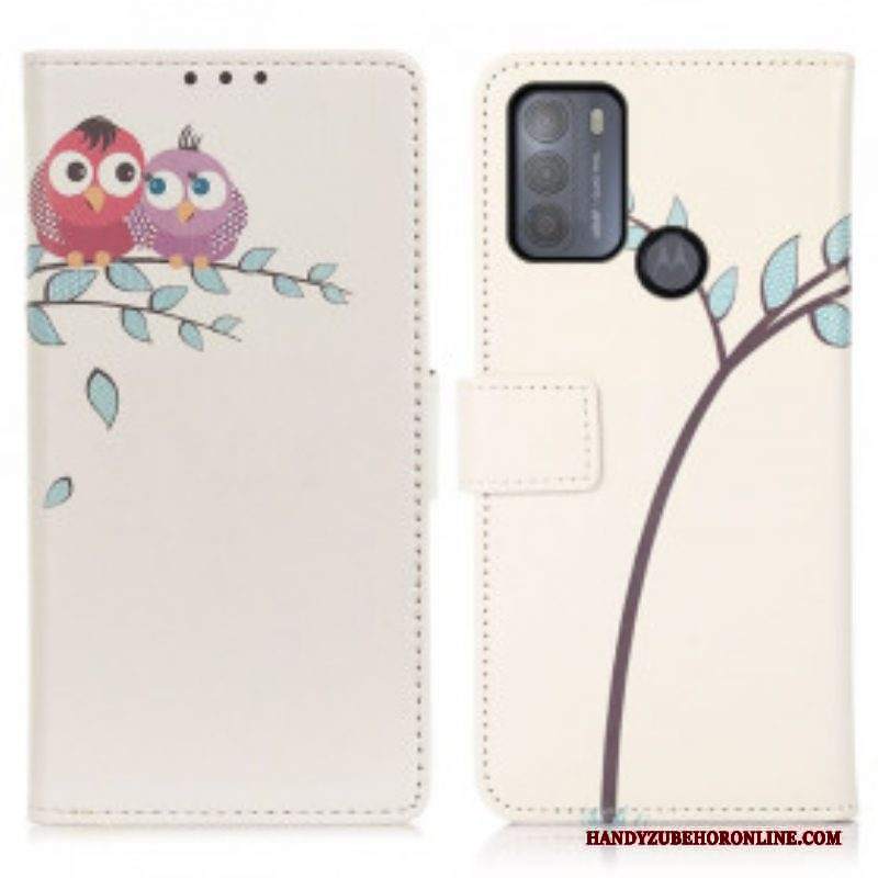Custodia in pelle Moto G50 Paio Di Gufi Sull'albero