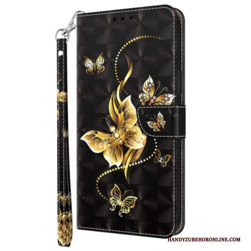 Custodia in pelle Samsung Galaxy A14 / A14 5G Farfalle Dorate Con Cinturino