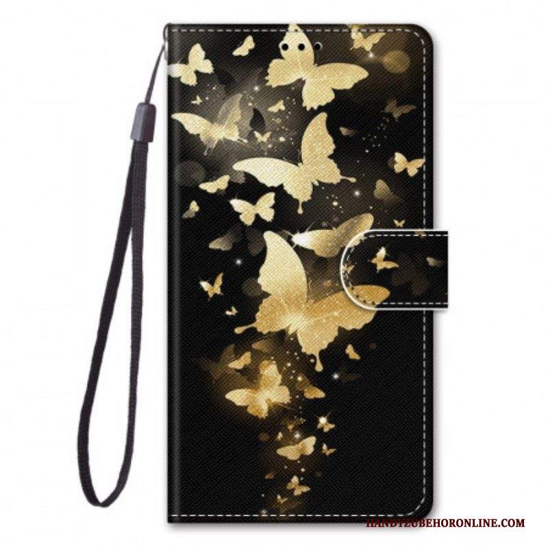 Custodia in pelle Samsung Galaxy M53 5G Farfalle D'oro Con Cinturino