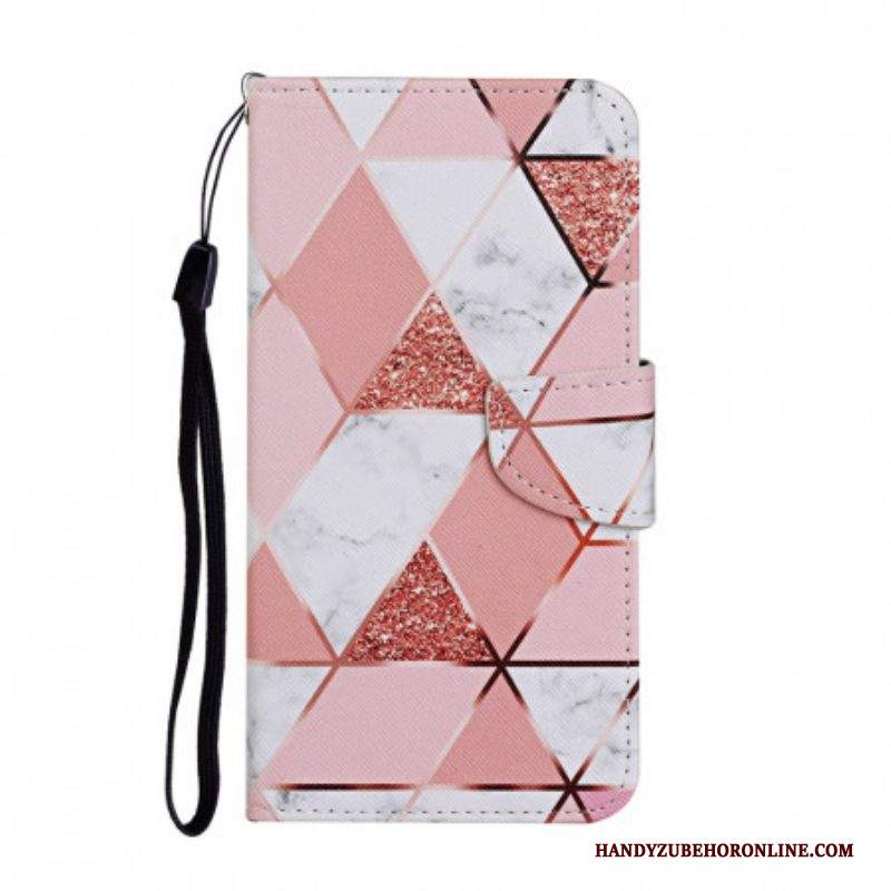 Custodia in pelle Samsung Galaxy S22 Plus 5G Marmo E Paillettes Con Cinturino