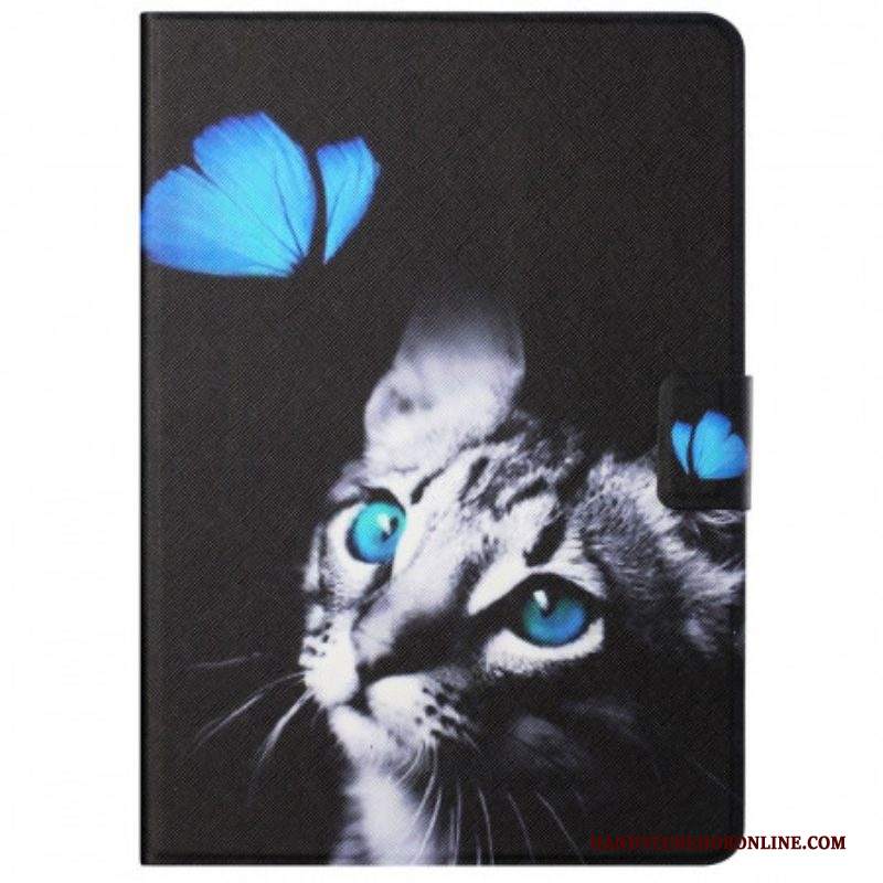 Custodia in pelle Samsung Galaxy Tab A8 (2021) Gatto Blu E Farfalla
