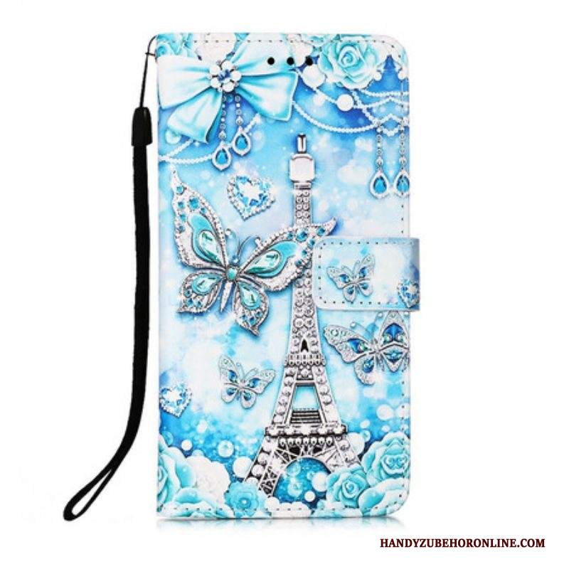 Custodia in pelle iPhone 13 Mini Cinturino A Farfalla Della Torre Eiffel